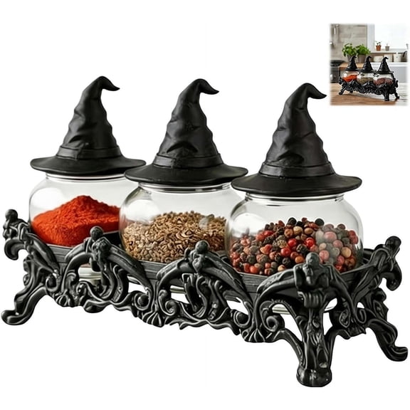 Vintage Gothic Glass Spice Jars  Set of 3 Decorative Storage Containers with Unique Lids, Apothecary Style Seasoning Shakers for Kitchen Decor