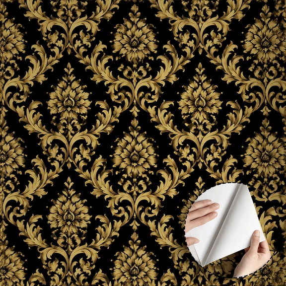 Vintage Gothic Gold Damask Floral Wallpaper Peel and Stick Waterproof Contact Paper, Luxury Home Decor Removable Wall Decal for Living Room Bedroom Bathroom Kitchen Cabinet Drawer 17.7 * 118 in
