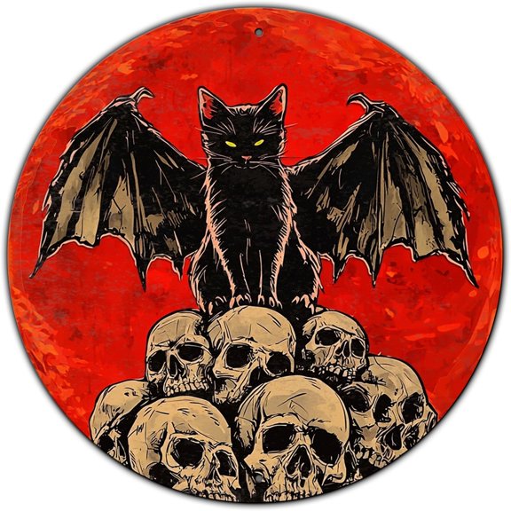 Vintage Gothic Halloween Tin Sign - Spider Web Bats Round Metal Wall Art for Halloween Party Living Room Porch Decor 8 * 8 in