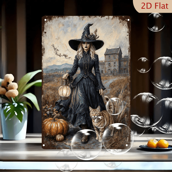 Vintage Gothic Halloween Witch with Lantern and Cat, Rustic Weathered Metal Wall Art, 8x12 Inches, Spooky Manor & Bats Background, Distressed Black Brown Gray Home Decor