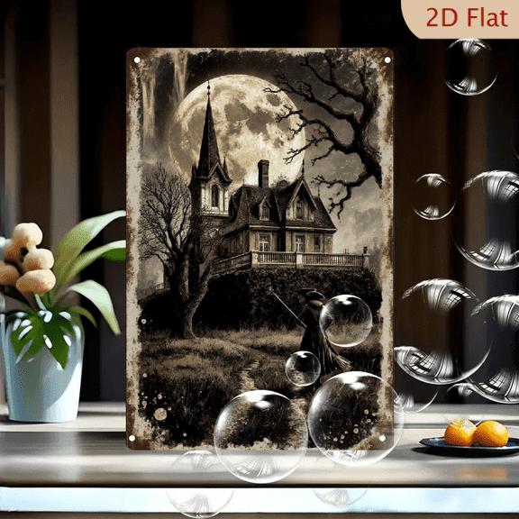 Vintage Gothic Haunted Mansion Wall Art, 8x12 Inches Sepia Tone Halloween Metal Tin Sign, Spooky House with Full Moon & Witch on Path, Aged Paper Texture Print for Home Decor
