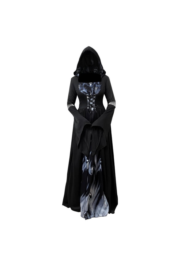 Vintage Gothic Hooded Witch Dress with Bell Sleeves and Cinched Waist