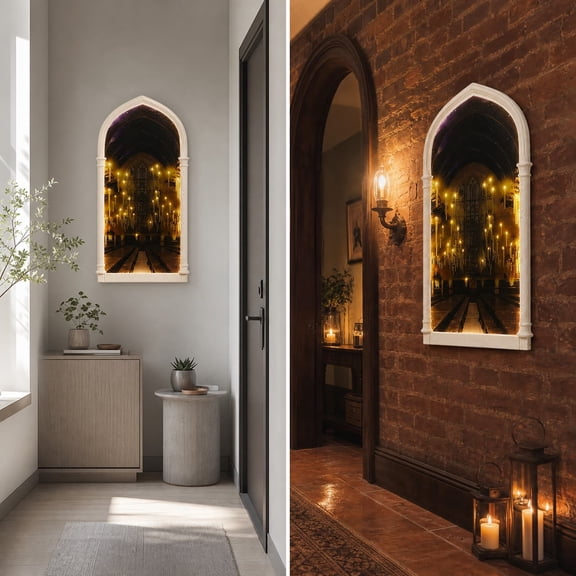 Vintage Gothic LED Wall Mirror, Light Up Decorative Wall Mirror with Hidden Fantasy Scene for Halloween Decor, Christmas Decor, Bedroom Living Room Entryway