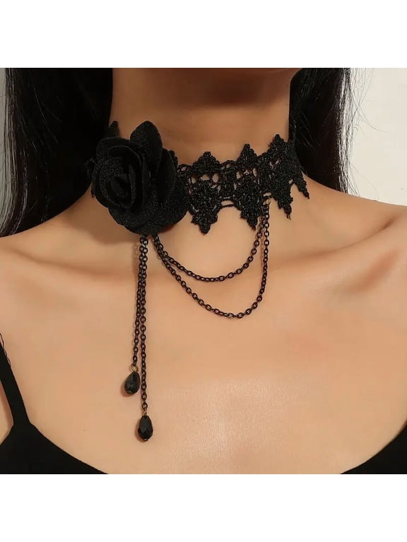 Vintage Gothic Lace Choker Necklace with Red Roses & Black Tassels - Intricate Floral Design, Lightweight Everyday Jewelry for Women, Mothers Day Gift, All-Season Versatile Accessory
