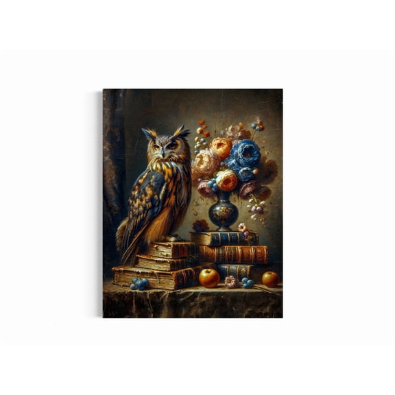 Vintage Gothic Owl, Vanitas Owl Still Life, Blue and Gold Moody Dark Aesthetic Artwork, Dark Academia Antique Bird 136RD Unframed Paper Print