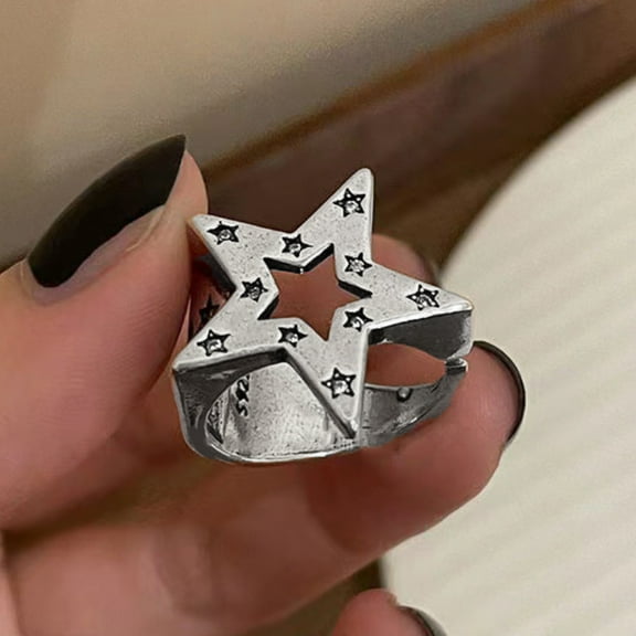 Vintage Gothic Pentagram Star Alloy Open Rings For Women Men Fashion Jewelry Punk Silver Color Adjustable Finger Ring
