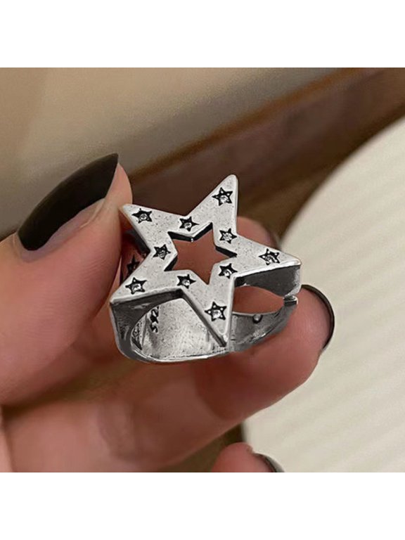 Vintage Gothic Pentagram Star Alloy Open Rings For Women Men Fashion Jewelry Punk Silver Color Adjustable Finger Ring
