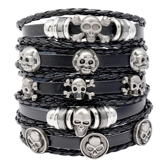 Vintage Gothic Punk Skull Star Metal Multilayer Leather Bracelet Men Bracelets & Bangles Male Arm Jewelry