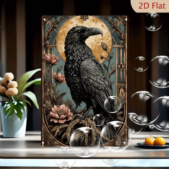 Vintage Gothic Raven Art Print 8x12 Inch Metal Wall Decor, Black Crow on Golden Moon with Pink Peonies and Teal Botanical Background, Antique Tarot Style Iron Sign for Home Office