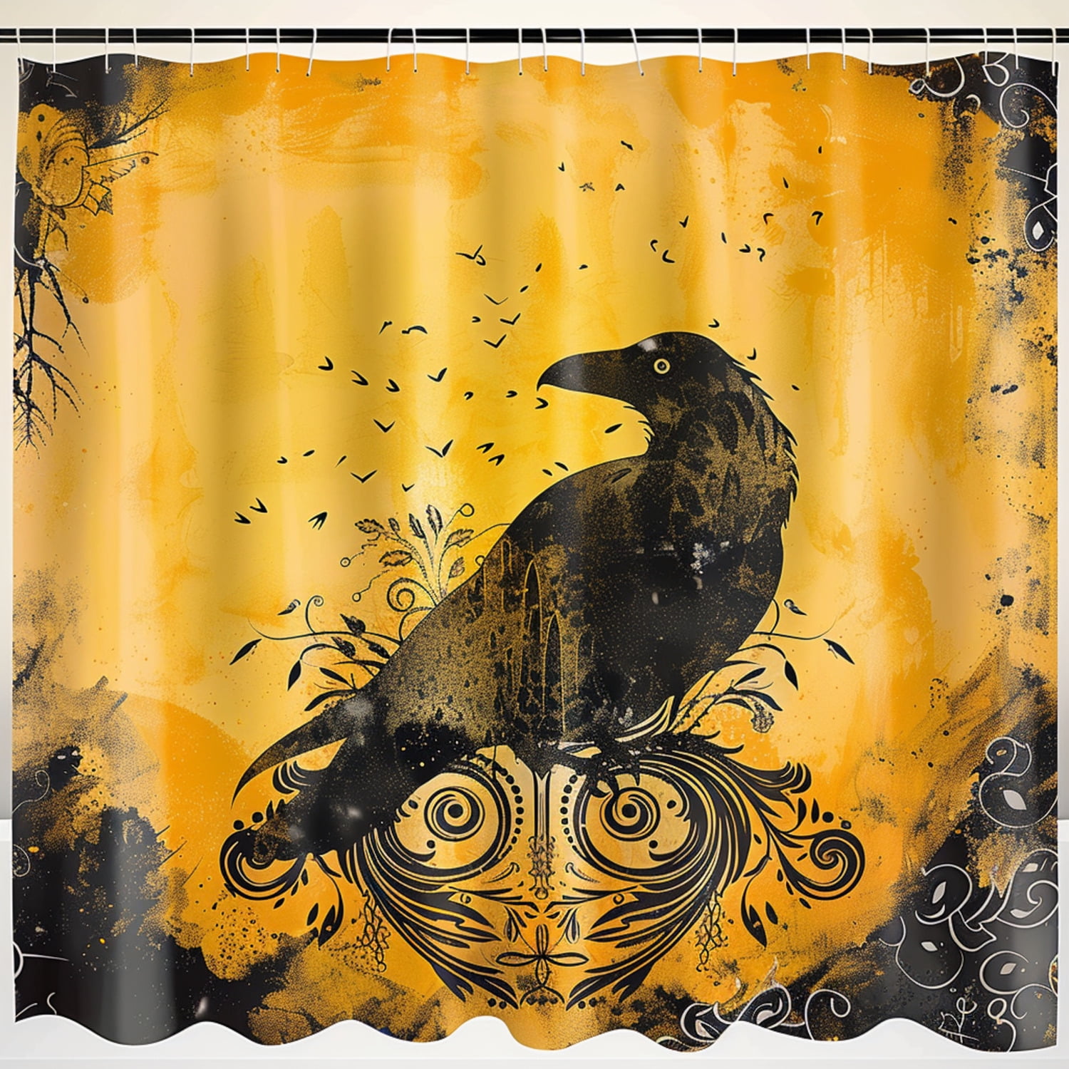 Vintage Gothic Raven Shower Curtain Grunge Artwork in Ombre Yellow to