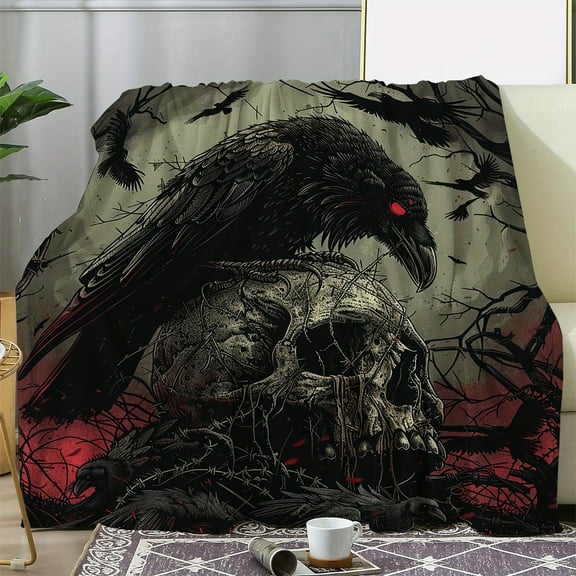 Vintage Gothic Raven & Skull Design Flannel Throw Blanket Soft Warm Multipurpose Non-Woven Fabric with All-Season Comfort for Sofa Bed Car Office Camping