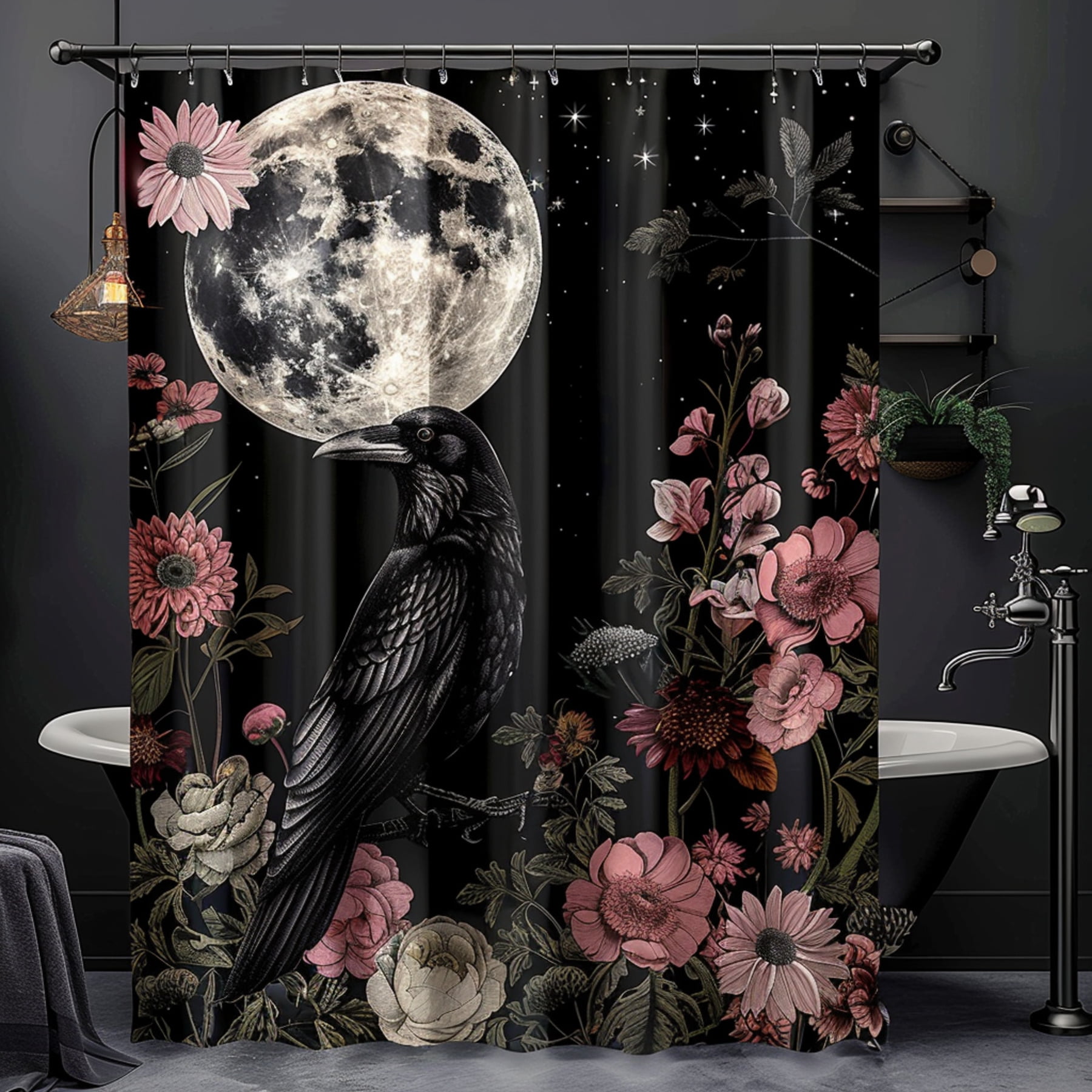 Vintage Gothic Raven and Floral Moon Shower Curtain Chicano Art Style