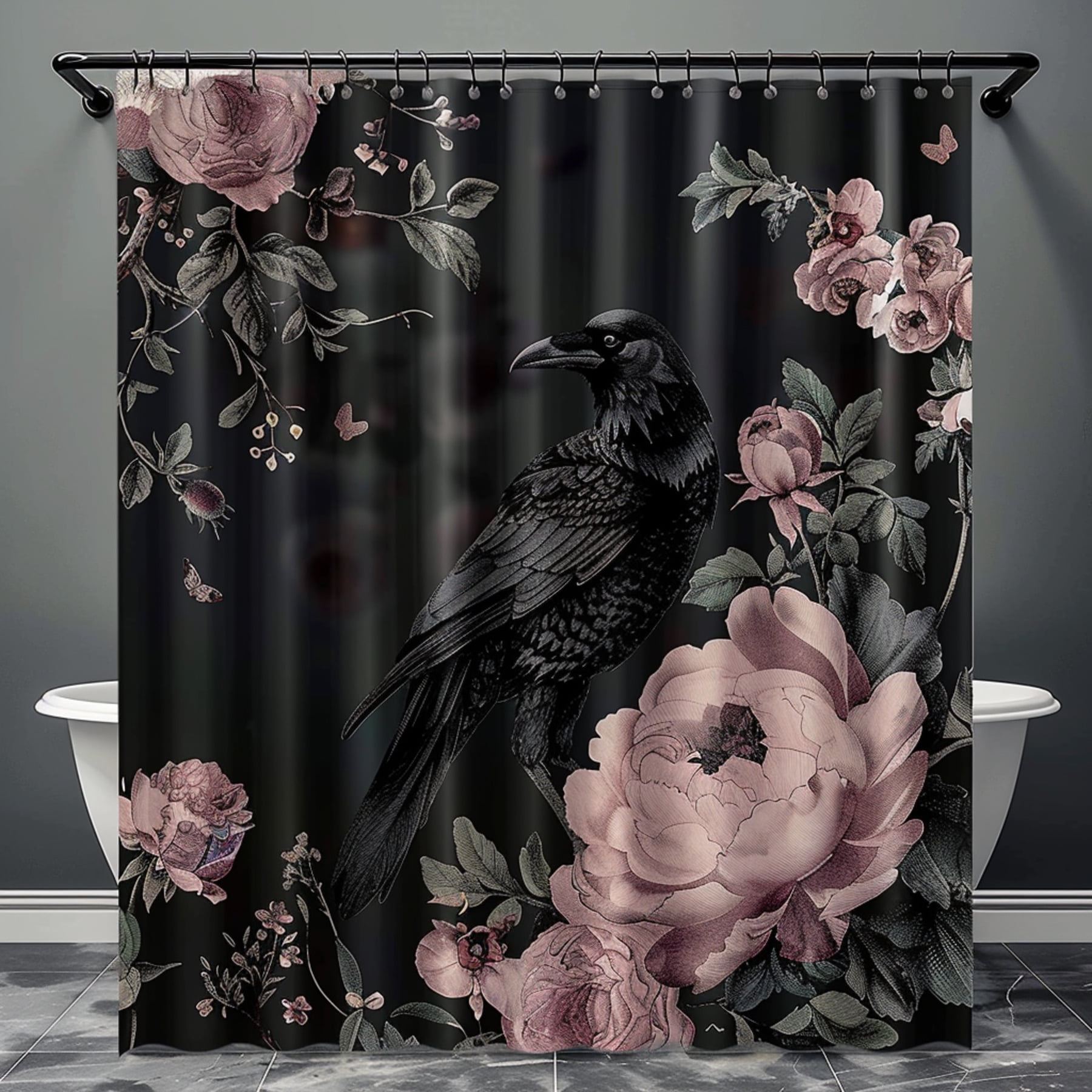 Vintage Gothic Raven and Flowers Shower Curtain Dark Cottagecore Goth
