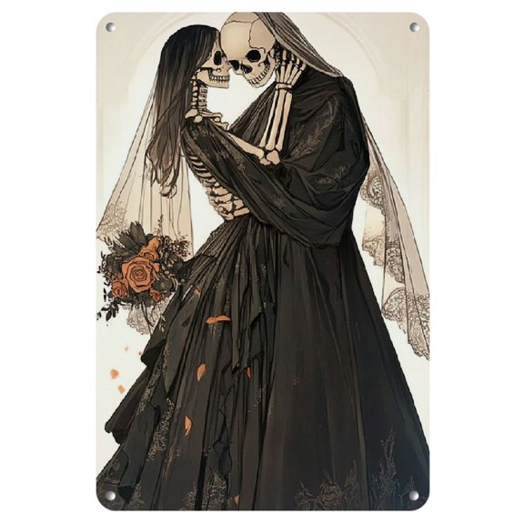 Vintage Gothic Romance Skeleton Couple Embrace Wall Decor Sign - Iron Art with HD Printing, Waterproof, Weather-Resistant, Pre-Drilled for Easy Hanging - Retro Style Bar, Cafe, Home Indoor 1 Piece