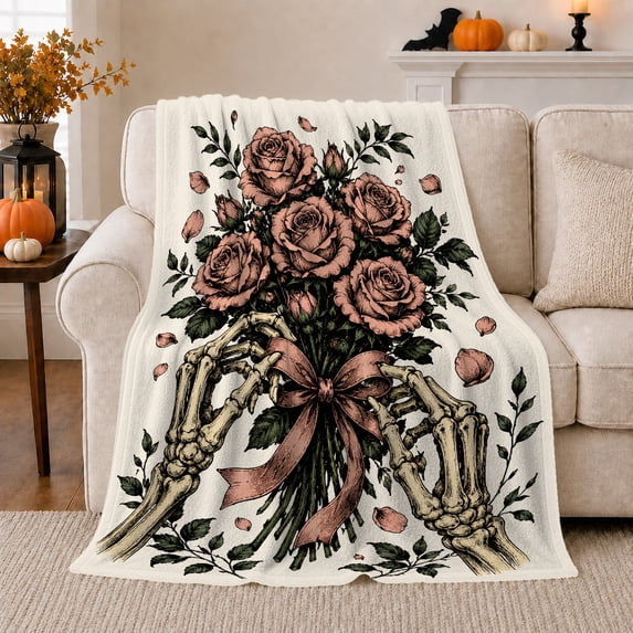 Vintage Gothic Skeletal Hands Holding Dusty Pink Rose, Dramatic Botanical Scene, Warm Flannel Blanket for Sunroom and Reading Nook, Garden Lovers Valentine's Day Gift, Botanical Home Decor