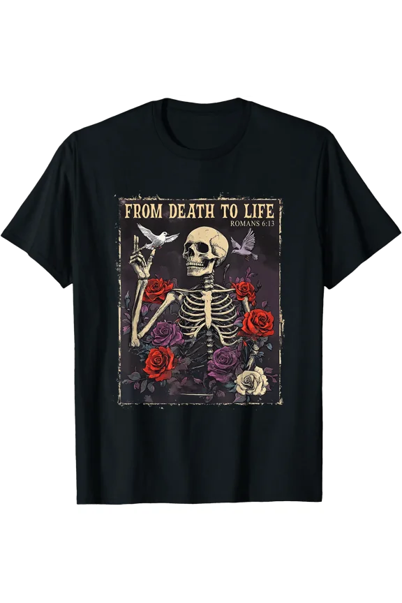 Vintage Gothic Skeleton Flower T-Shirt for Inspirational Christian Themes