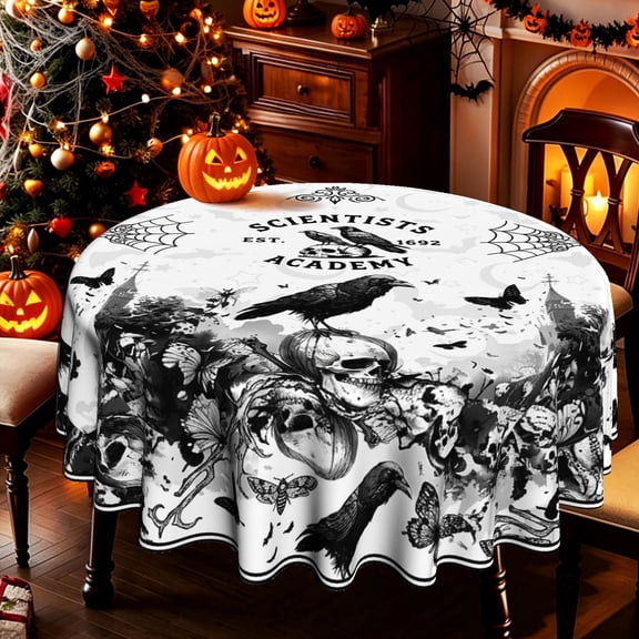 Vintage Gothic Skull Crow Spider Web 2D Print Round Tablecloth, Retro Academy Pattern Table Cover for Halloween Party Decor, Kitchen Dining Patio Holiday Gathering