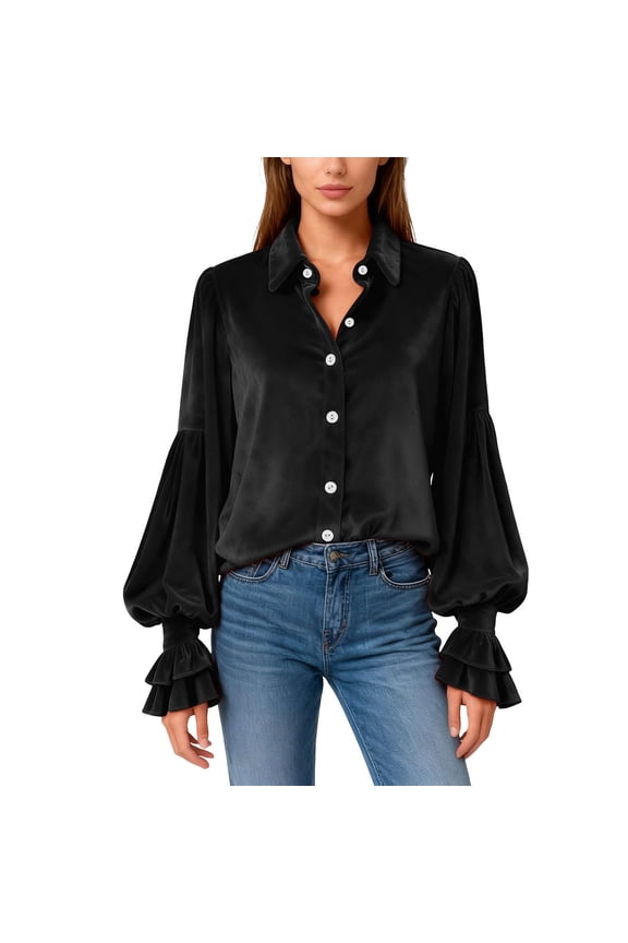 Vintage Gothic Velcet Shirts for Women Casual Puffer Ruffle Long Sleeve Button Down Collared Steampunk Blouses Elegant Tops