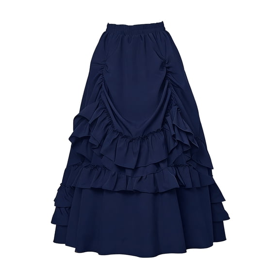 Vintage Gothic Victorian Skirt for Women's Ruffle Layered Drawstring Renaissance Style Falda Navy S(S)