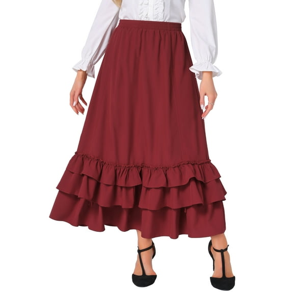 INSPIRE CHIC Women's Skirt Vintag Ruffle Layered Ruched Drawstring Cupcake Skirts XS Wine Red
