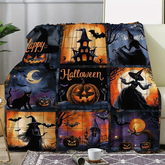 Vintage Gothic Witch & Black Cat Flannel Fleece Blanket - Plush Soft Warm All-Season Cozy Bedspread with Wicked Castle, Bats, Jack-O'-Lanterns & Moon Print - 100% Polyester for Sofa, Bed, Camping, Tr