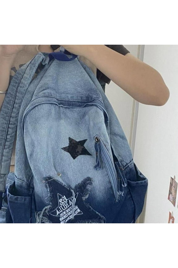 Vintage Gradient Denim Backpack Lightweight Laptop Backpack Y2k Distressed Star Patch Design Backpack Casual Large Capacity Washed Denim Rucksack Unisex Daypack For Students Teens