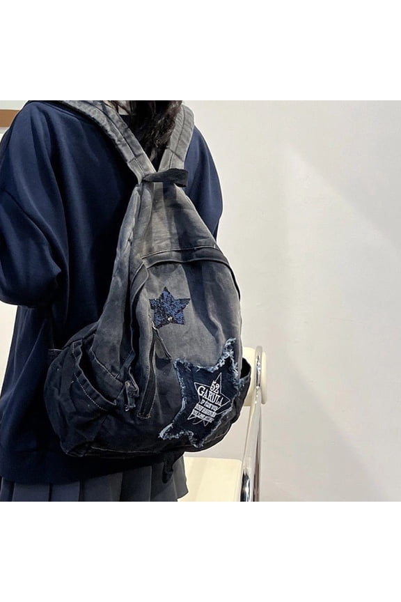 Vintage Gradient Denim Backpack Lightweight Laptop Backpack Y2k Distressed Star Patch Design Backpack Casual Large Capacity Washed Denim Rucksack Unisex Daypack For Students Teens