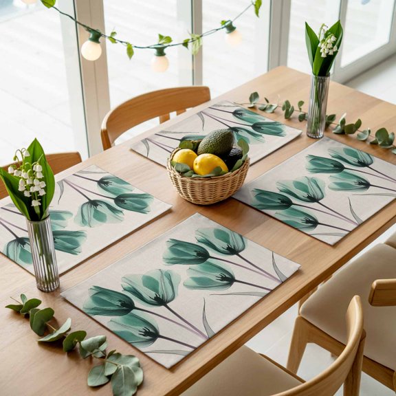 Vintage Gradient Teal Floral Placemats Set of 4,Wipeable Washable Table Mats for Dining Tables, Pastoral Simple Tulip Place Mats for Kitchen Event Party Tabletop Decor