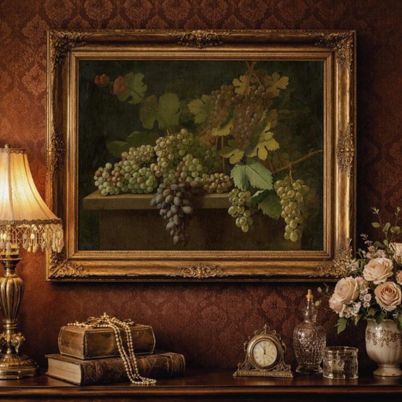 Vintage Grape Still Life Rustic Botanical Wall Art Print, Kitchen And Gallery Wall Decor