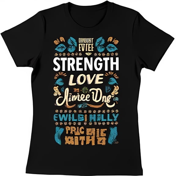 Vintage Graphic Black T-Shirt for Women Strength Love Aimie Colorful Design Short Sleeve