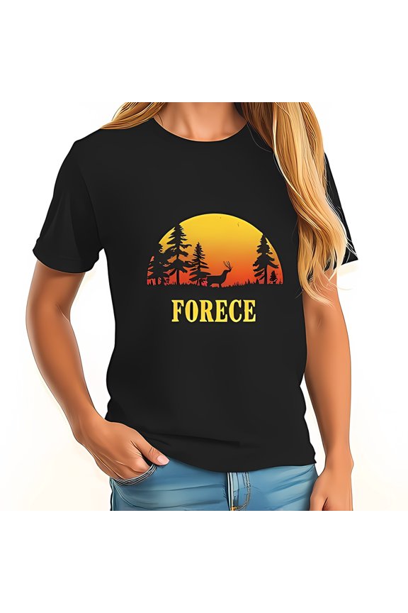 Vintage Graphic Black T-Shirt with Sunset Forest and Deer Design - Casual Fit with 'FORECE' Print