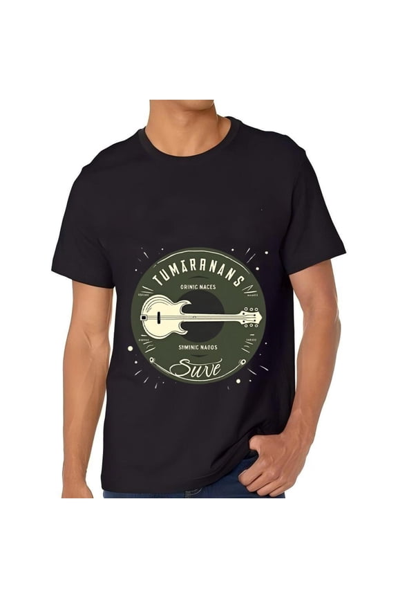 Vintage Graphic Cotton Short Sleeve T-Shirt for Men - Electric Guitar Design with Circular Text " TUMARANANS " and " SIMING NAGOS " - Artistic Tee Top