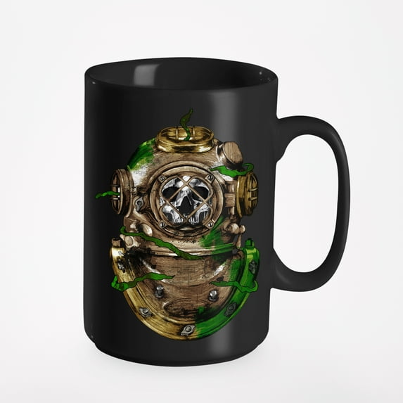 Vintage Graphic Illustration Art Of Deep Sea Scuba Diving Helmet With Diver's Skull, Black 15oz Ceramic Mug
