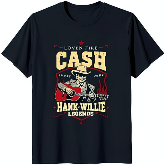 Vintage Graphic T-Shirt Loven Fire Cash & Hank Willie Legends Dark Blue Neck Tee