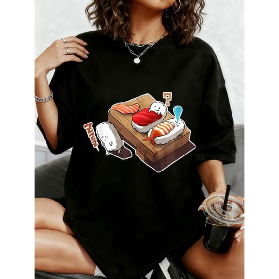 Vintage Graphic Tee,Sushi Characters Print,Casual T-Shirt Tops,Regular Fit,Novelty Casual Top,Cute,cotton,black,S-5XL