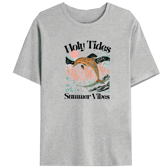 Vintage Graphic Tee Top Women Soft Cotton T-Shirt Comfort Fit Fashion Casual Short Sleeve Round Neck Gray S-3XL