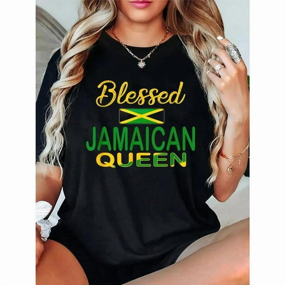 Vintage Graphic Tee,Tops Has"Blessed Jamaican Queen"Text With Flag Print,Round Neck Regular Fit T-shirts, Size(S-5XL)