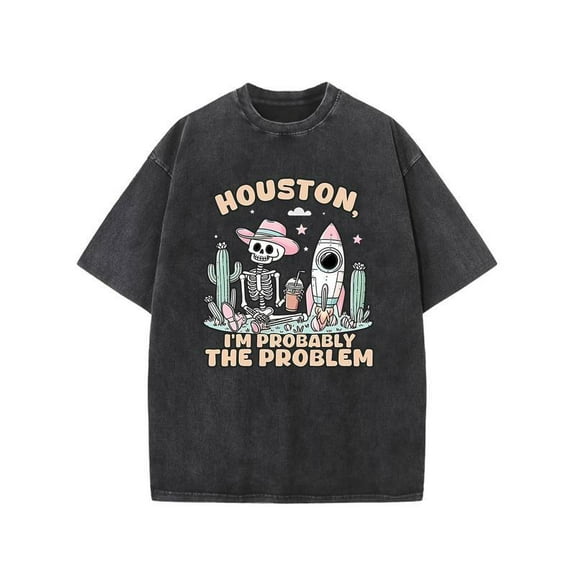 Vintage Graphic Tee,Tops Has"Houston I'm Probably The Problem"Print,Casual Round Neck Regular Fit T-shirts, Size(S-2XL)