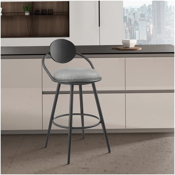Vintage Gray Faux Leather Swivel Stool, 30 Inch Bar Stool with Black Wood Back and Iron Base for Kitchen Island Counter