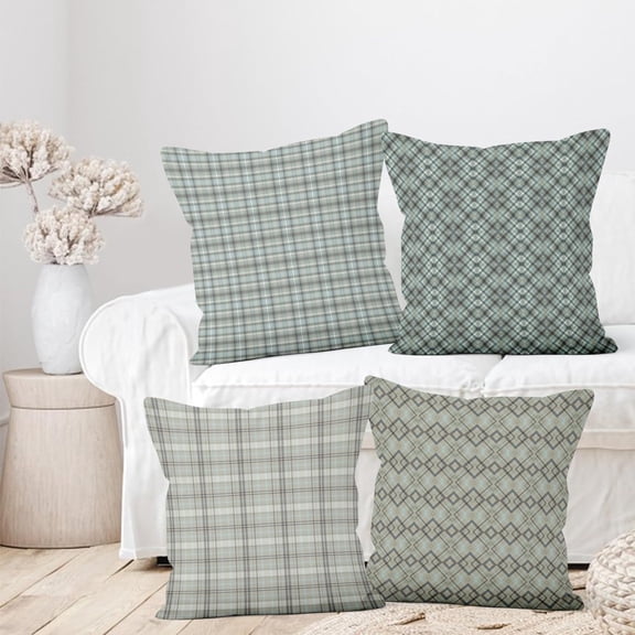 Vintage Gray Green Throw Pillow Covers, Madras Plaid Decorative Throw Pillow Case, 4-Pack Double-Side Printed Pillowcases for Sofa and Living Room, 18x18 Inches
