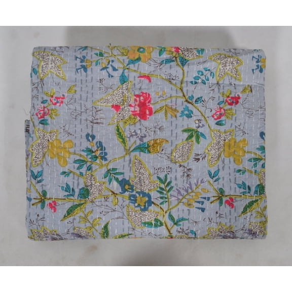 Vintage Gray Paradise Print Kantha Quilt Kantha Bedspread Kantha Blanket Cotton Throw Handmade Quilt Single Size Quilt Bedding