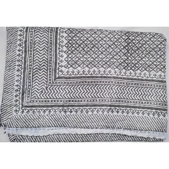 Vintage Gray & White Kantha Quilt: Hand-Stitched Cotton Bedspread