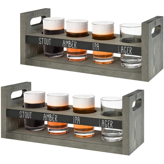 Vintage Gray Wood Beer Flight Sampler Serving Tray Caddies with Chalkboard Panels & 4 Tasting Glasses, Set of 2