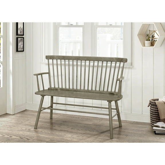 Vintage Gray Wood Bench With Spindle Back And Comfort Wooden Arm