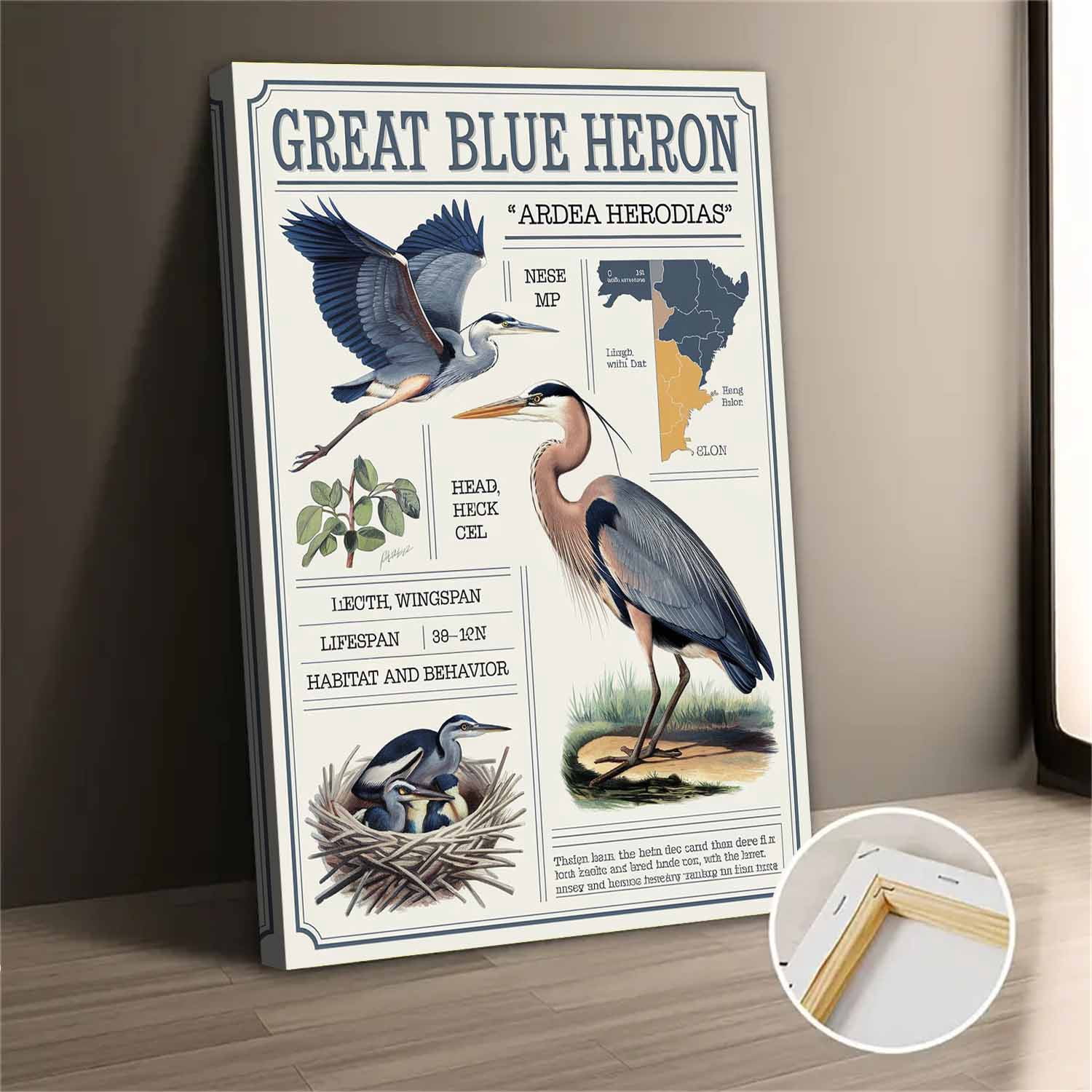 Quadro Con Cornice Wee Blue Coo – Airone, Disegno A Inchiostro, 23x18 Cm, Cornice In Legno (Nero/Marrone/Rovere/Bianco)