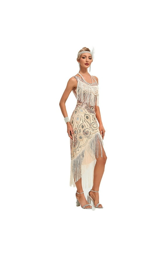 Vintage Great Gatsby Party Flapper Dress Sleeveless Sequins Tassel Dresses Cocktail Prom Size XS-3XL Long Skirt,apricot,L