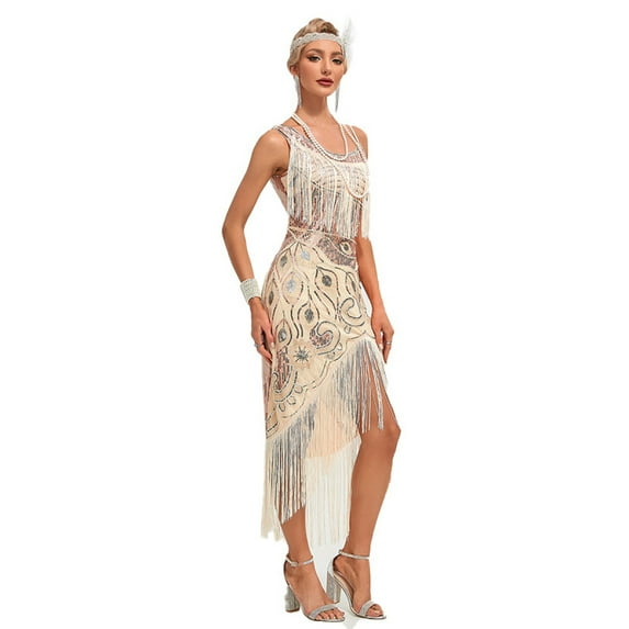 Vintage Great Gatsby Party Flapper Dress Sleeveless Sequins Tassel Dresses Cocktail Prom Size XS-3XL Long Skirt,apricot,L
