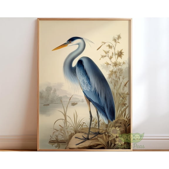 Vintage Great Heron Tranquil Lake Scene Wall Art Print, Unframed Paper Poster 24x36in