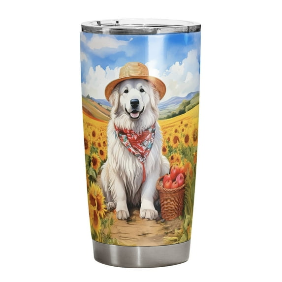Vintage Great Pyrenees Says Hello Mother's Day Summer Sunflower Field 20oz Stainless Steel Tumbler Insulated Cup with Lid Pyr Dog Lover - 12005
