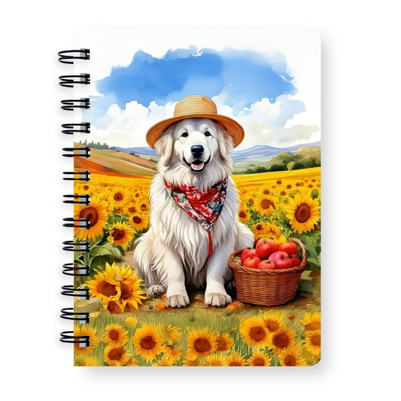 Vintage Great Pyrenees Says Hello Mother's Day Summer Sunflower Field Spiral Bound Journal Pyr Dog Lover 5x7in Spiral Notebook - 12005